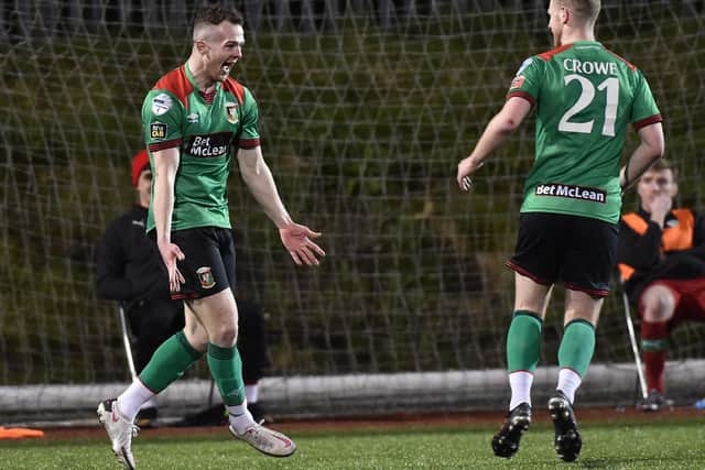 Glentoran’s  Ciaran O’Connor celebrates his goal against Cliftonville