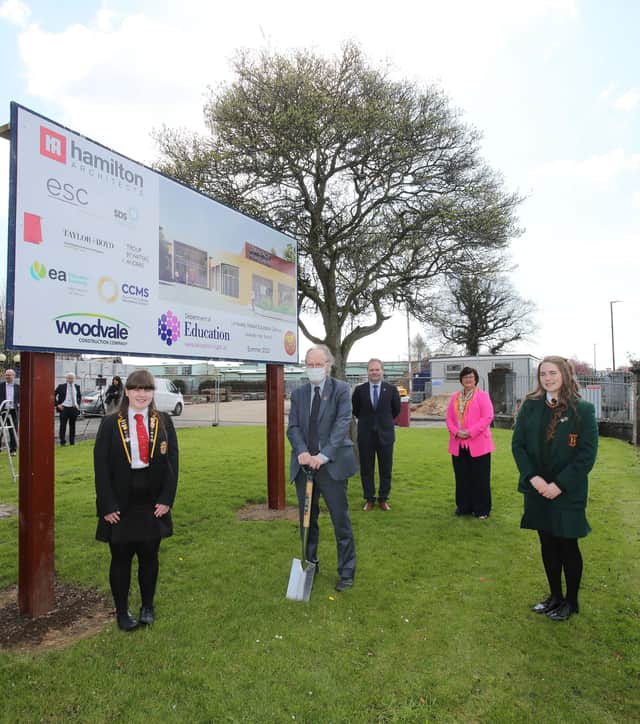 Education Minister Peter Weir visiting Limavady Shared Education Campus to cut the first sod on the new £11 million scheme. Included are students Leah Craig and Clara Clements and principals Rita Moore, St. Mary’s, and Darren Mornin, Limavady High School.