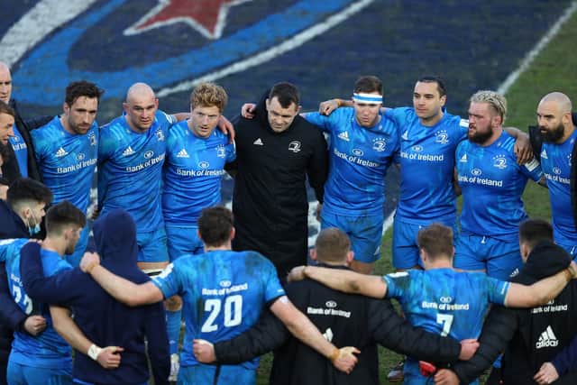 EXETER, ENGLAND - APRIL 10: The Leinster team form a huddle following their 34-22 victory in the Heineken Champions Cup Quarter Final match between Exeter Chiefs and Leinster at Sandy Park on April 10, 2021 in Exeter, England.Sporting stadiums around the UK remain under strict restrictions due to the Coronavirus Pandemic as Government social distancing laws prohibit fans inside venues resulting in games being played behind closed doors.  (Photo by Michael Steele/Getty Images)