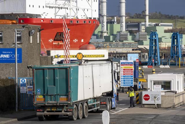 A lorry arrives at Larne Port.