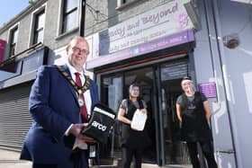 Mayor, Cllr Jim Montgomery delivers a Covid Pack to Beauty and Beyond, Ballyclare