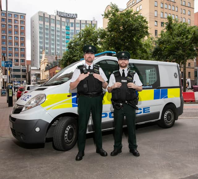 Police Service of Northern Ireland officers on patrol in Belfast’s Linen Quarter