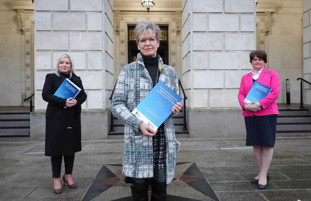 First Minister Arlene Foster and Deputy First Minister Michelle O’Neill pictured with Judith Gillespie, the Independent Chair of the inter-Departmental working group on Mother and Baby Homes, Magdalene Laundries and Historical Clerical Child Abuse at the publication of the research report in January