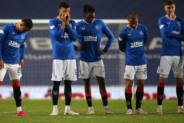 Rangers players react during the Scottish Cup quarter-final exit on Sunday. Pic by PA.