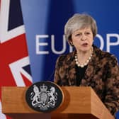 The then Prime Minister Theresa May in Brussels in 2018 talks about the controversial Irish border backstop that she agreed in late 2017.  Photo by Dan Kitwood/Getty Images