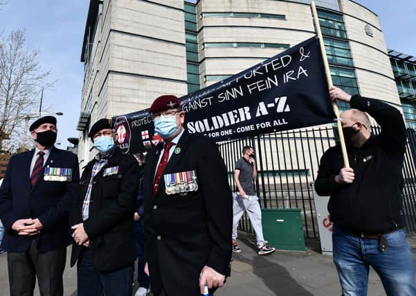 Supporters  of two former paratroopers at Laganside Court on Monday, The  paratroopers are accused of the murder of Official IRA man Joe McCann in 1972. 

Pic: Colm Lenaghan/Pacemaker