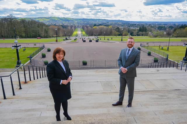 Minister for the Economy Diane Dodds and Business Development Director of PAC Group Darren Leslie outside Stormont