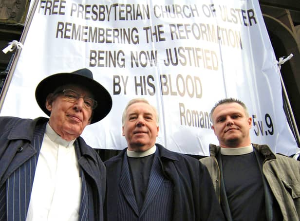 16/09/10: Lord Bannside, the Rev Ian Paisley, with Free Presbyterian Church moderator Ron Johnstone and then-clerk (now Martyrs' Memorial minister) Ian Brown outside Magdelan Church in Edinburgh protesting the Papal Visit
