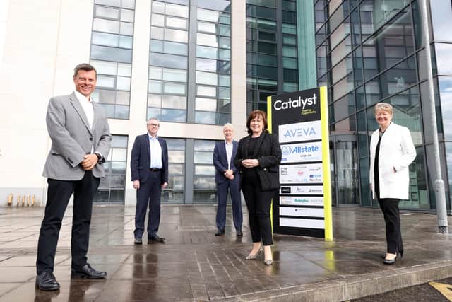 Economy Minister Diane Dodds meets with Steve Orr, Mervyn Watley, Philip Maguire and Ellvena Graham from Catalyst during a series of visits in the North West today