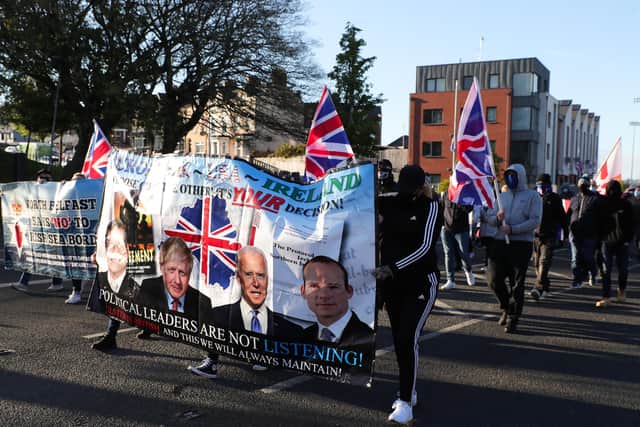 Loyalists take part in a peaceful protest in the Shore Road area of North Belfast in opposition to the Northern Ireland Protocol. The protest was organised by the North Belfast Unionist Coalition. Photo by Kelvin Boyes / Press Eye