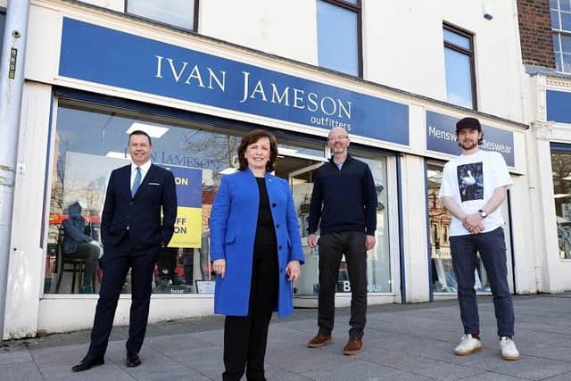 Economy Minister, Diane Dodds, met Nigel Jameson and Matthew Winter of Ivan Jameson Outfitters and Glyn Roberts of Retail NI, during a visit to Portadown