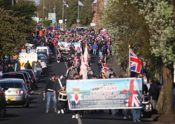 A Loyalist protest gets under way in Coleraine on Friday evening in Protest at what organisers say is an Irish Sea Border and two tier policing. Photo: McAuley Multimedia 30 April 2021