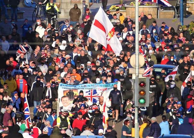 A loyalist protest gets under way in Coleraine on Friday evening in protest at what organisers say is an Irish Sea Border and two tier policing.