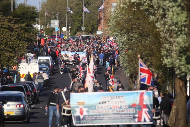 A loyalist protest gets under way in Coleraine on Friday evening in protest at what organisers say is an Irish Sea Border and two tier policing.
