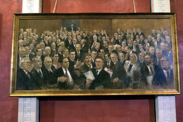 File photo dated 10/2/2003 of a painting of the Northern Ireland Assembly in session by Belfast artist, Mr Noel Murphy which was was unveiled in Parliament buildings by the House Speaker Lord Alderdice. The day that many consider to be the date the state of Northern Ireland was created will be quietly marked on Monday. Issue date: Monday May 3, 2021.