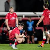 James Hume and his Ulster team-mates appear dejected after the Challenge Cup semi-final match on Friday.