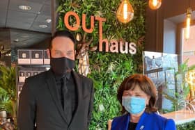 Economy Minister, Diane Dodds, met Thomas Vaughan of Out Haus during a visit to Portadown