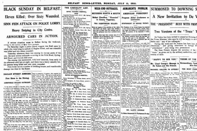 Reports from the News Letter reporting Black Sunday disturbances in Belfast in July 1921. The unrest resulted in 23 deaths over the surrounding four-day periodReports from the News Letter reporting Black Sunday disturbances in Belfast in July 1921. The unrest resulted in 23 deaths over the surrounding four-day period