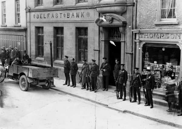 "B" Specials on duty at a Belfast Bank in Strabane. Catalogue number: HOYFM.BT.1304. Belfast Telegraph, © National Museums NI, Ulster Folk Museum Collection