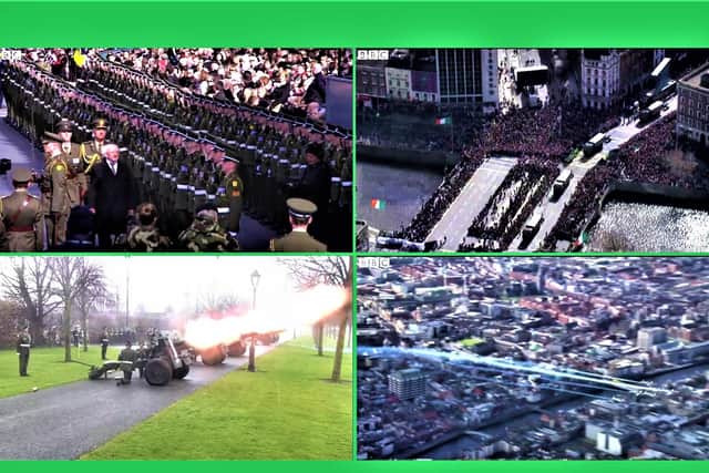 Images from BBC footage of the 2016 Easter Rising commemoration in Dublin showing the Irish president with massed ranks of the Irish Army, a vast parade through Dublin city centre, an artillery gun salute, and a fly-by from the Irish air force