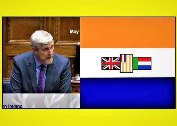 John O'Dowd in the Assembly today and the old apartheid-era flag of South Africa