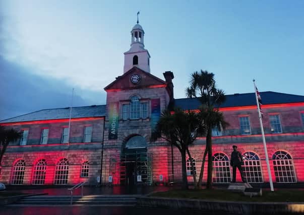 A council building in Newtownards is lit up to mark the centenary of Northern Ireland on May 4 2021, as were council buildings across Ards and North Down Council