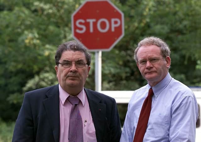 The then SDLP leader John Hume and Sinn Fein chief negotiator Martin McGuinness at Weston Park, in July 2001, where what was in effect an amnesty for absconding terrorists was proposed in paragraph 20 of the document that emerged from the discussions