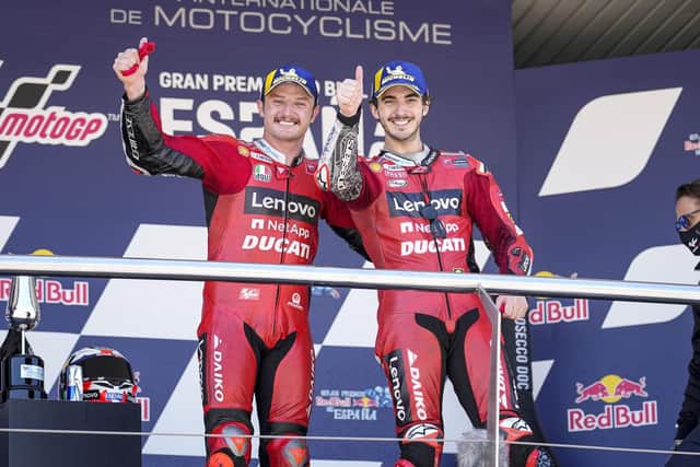 Jack Miller and Pecco Bagnaia celebrate a Ducati 1-2 at the Spanish GP.