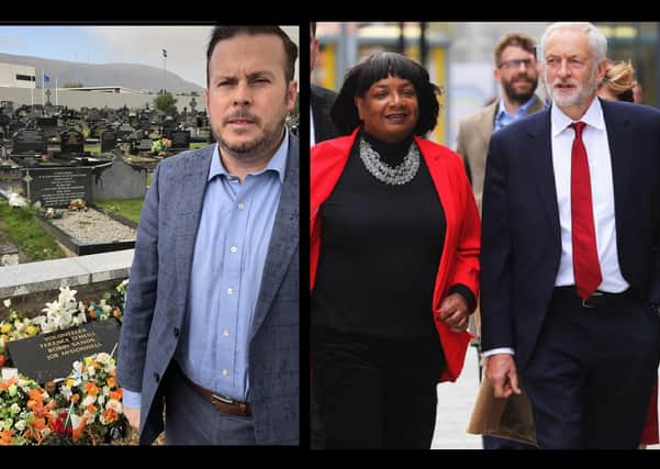 Kevin Boyle by Sands' grave, and Diane Abbott with Jeremy Corbyn