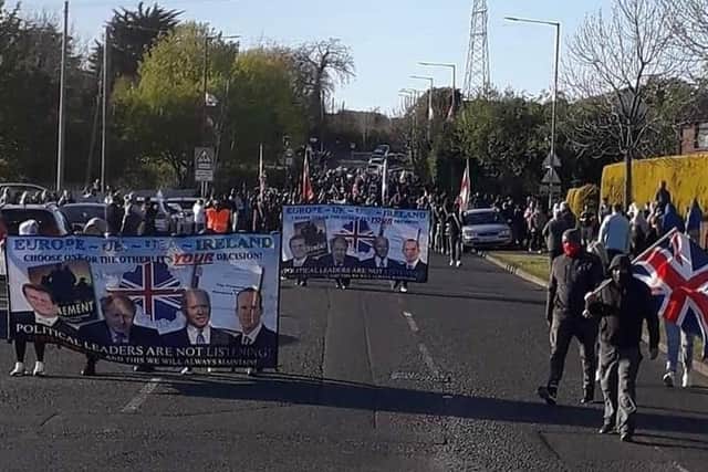 The demonstration took place in Carrickfergus on May 6.