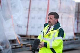 Northern Ireland Health Minister Robin Swann at Belfast Airport as the world's largest cargo plane leaves Northern Ireland with three 18-tonne oxygen generators and 1,000 ventilators as part of the UK's latest response to India's Covid-19 crisis.