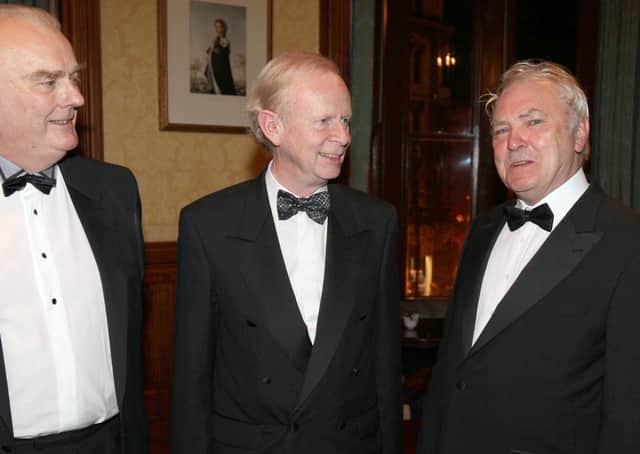 Eoghan Harris, right, at an Ulster Unionist Party annual dinner in September 2007 at the Reform Club in Belfast with Lord Laird of Artigarvan and the then party leader Sir Reg Empy. He told the UUP that the time had come to merge with the DUP. Pic Colm O'Reilly