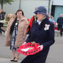 Alison Millar Lord Lt Co Londonderry lays a wreath in Coleraine on Saturday at the war memorial to mark VE day. Picture kevin McAuley/McAuley Multimedia