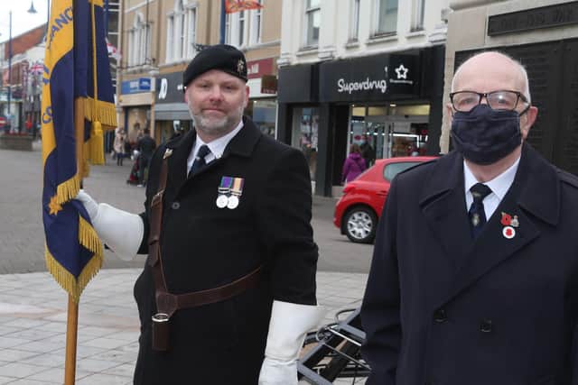 Thomas Stirling and Keith Chare from Coleraine RBL in Coleraine on Saturday at the war memorial to mark VE day. Picture kevin McAuley/McAuley Multimedia