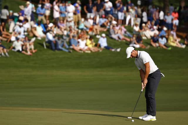Rory McIlroy of Northern Ireland putts on the 18th green during the third round of the 2021 Wells Fargo Championship at Quail Hollow Club on May 08, 2021 in Charlotte, North Carolina. (Photo by Jared C. Tilton/Getty Images)