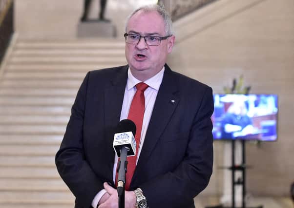 Steve Aiken speaking to the media at Parliament Buildings, Stormont in 2020