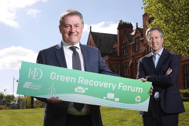 IoD NI Chairman Gordon Milligan joins NIE Networks Managing Director Paul Stapleton to launch the Green Recovery Forum