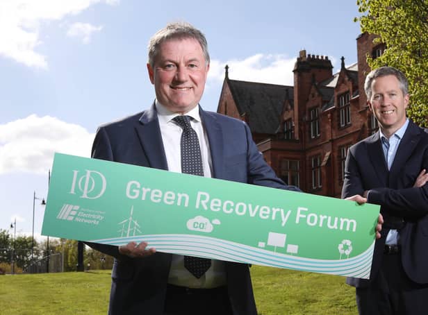 IoD NI Chairman Gordon Milligan joins NIE Networks Managing Director Paul Stapleton to launch the Green Recovery Forum