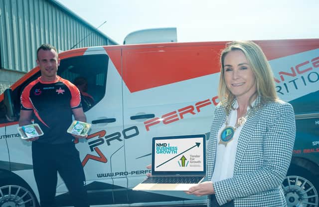 Councillor Laura Devlin, Chair of Newry, Mourne and Down District Council visits Pro-Performance Nutrition Headquarters in Newry with Owner, Eddie Curran, to learn more about the growth of the business thanks to the NMD Business programmes