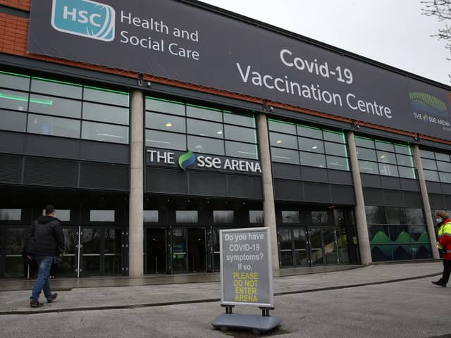 PACEMAKER BELFAST 29/03/2021
The first vaccination has been delivered after the SSE Arena in Belfast opened as a mass vaccination centre on Monday.
Up to 1,850 vaccines are due to be administered at the venue on Monday.
It is expected that 40,000 people could be vaccinated each week at the arena, where the AstraZeneca jab will be used.
Health officials plan to operate the vaccination service at the venue up to 14 hours a day, seven days a week
PHOTO STEPHEN DAVISON/PACEMAKER PRESS