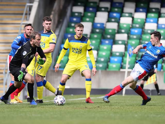 Stephen Fallon slots home from close range to put Linfield back in front against Dungannon Swifts