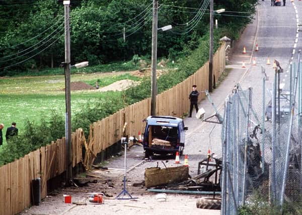 The scene at Loughgall RUC station where 8 IRA men were shot dead in 1987.  Photo: Pacemaker Belfast