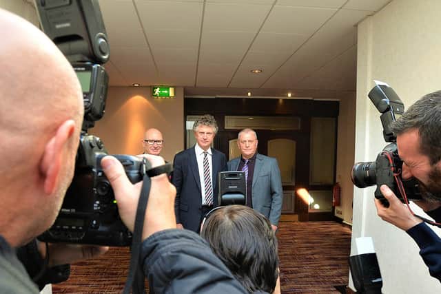 13-10-2015: The new Loyalist Communities Council is formed; pictured are Tony Blair's former Chief of Staff Jonathan Powell, PUP leader Billy Hutchinson and Jackie McDonald
