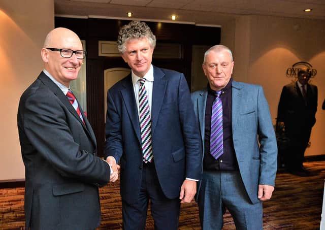 Pacemaker Press Belfast 13-10-2015: The new Loyalist Communities Council being formed. Pictured are Tony Blair's former Chief of Staff Jonathan Powell, PUP leader Billy Hutchinson and Jackie McDonald.