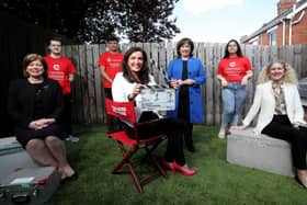 Pictured with Economy Minister Diane Dodds, in Belfast, on the set of Cinemagic film ‘The Carer’ are filmmaking trainees (Back row L-R) Tom Greer from Carrickfergus, Jac Grogan from West Belfast, Grace Hynds from Portadown,(Front row L-R) North West Regional College Head of Curriculum and Operations, Dr Catherine O'Mullan, Cinemagic CEO, Joan Burney Keatings and Belfast Metropolitan College Chief Executive, Louise Warde Hunter