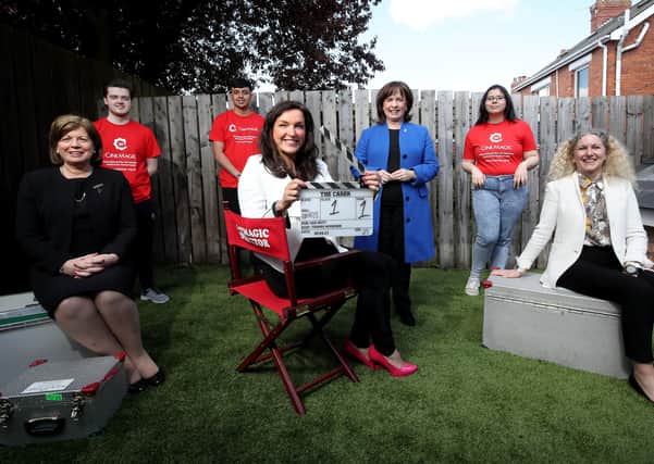 Pictured with Economy Minister Diane Dodds, in Belfast, on the set of Cinemagic film ‘The Carer’ are filmmaking trainees (Back row L-R) Tom Greer from Carrickfergus, Jac Grogan from West Belfast, Grace Hynds from Portadown,(Front row L-R) North West Regional College Head of Curriculum and Operations, Dr Catherine O'Mullan, Cinemagic CEO, Joan Burney Keatings and Belfast Metropolitan College Chief Executive, Louise Warde Hunter