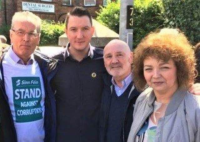 John Finucane – second from left – has hit out at the government for meeting the Loyalist Communities Council  (pictured to his left is fellow Sinn Fein member Gerry Kelly, and to his right are Alex Maskey and Caral Ni Chuilin)