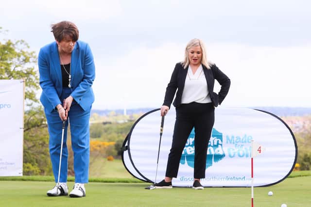 First Minister Arlene Foster and Deputy First Minister Michelle O'Neill were at Clandeboye Golf Course in Co Down yesterday for the launch of the PGA EuroPro Tour event which will be held at the club in August