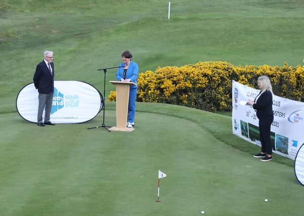 Clandeboye Golf Club captain Owen Trainor, left, Northern Ireland First Minister Arlene Foster and Deputy First Minister Michelle O'Neill at Wednesday's launch of the PGA Europro Tour event at Clandeboye Golf Club near Bangor in Co Down. Photo: Niall Carson/PA Wire
