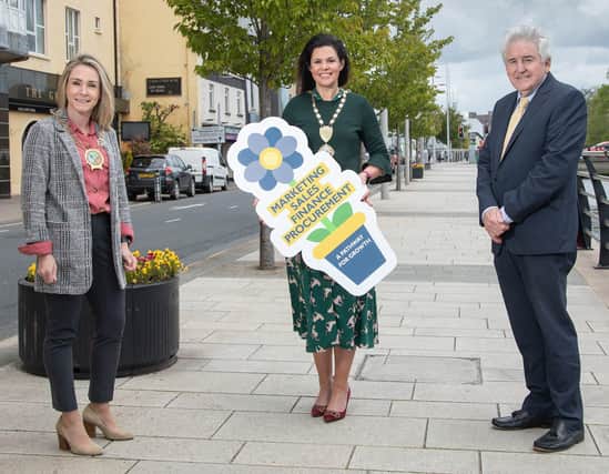 Laura Devlin, Chair Newry, Mourne and Down District Council, Emma Mullen, President Newry Chamber of Commerce and Trade and Brendan Kearney, Regional Chair of FSB in NI at the launch of the 2021 Northern Ireland Small Business Conference